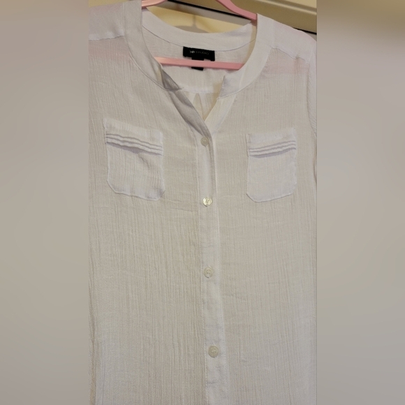 AB studio white peek a boo, see thru 3/4 pinned up sleeve button up shirt Sz L - Picture 4 of 4